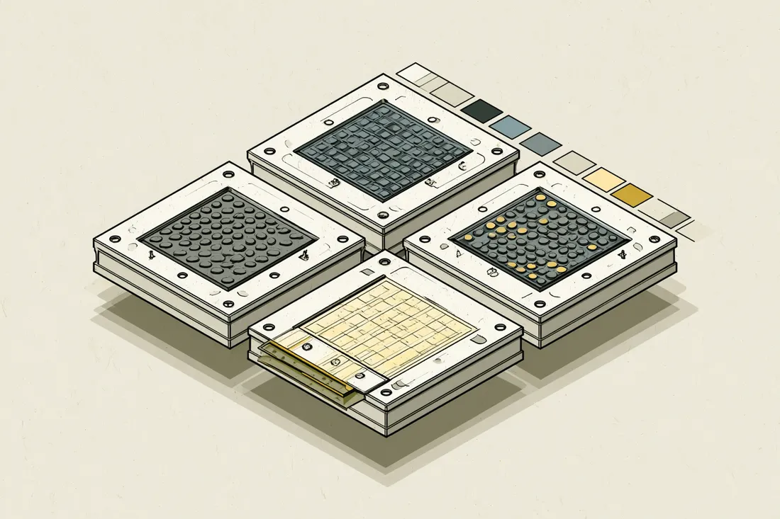 Stylized illustration comparing four anti-fatigue mat material samples with different surface textures, beside a color palette