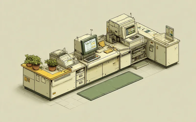 Stylized illustration of a cushioned anti-fatigue mat behind a retail checkout register