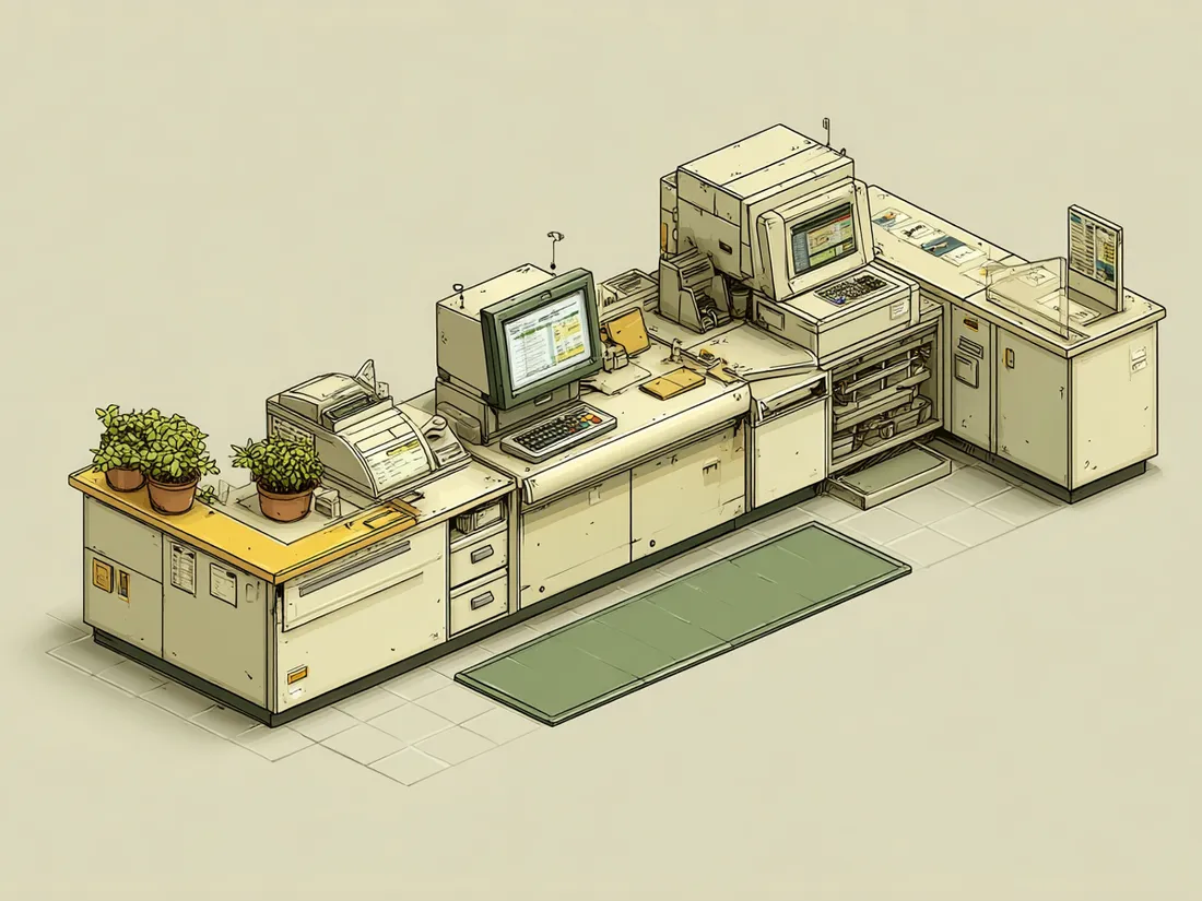 Stylized illustration of a cushioned anti-fatigue mat behind a retail checkout register