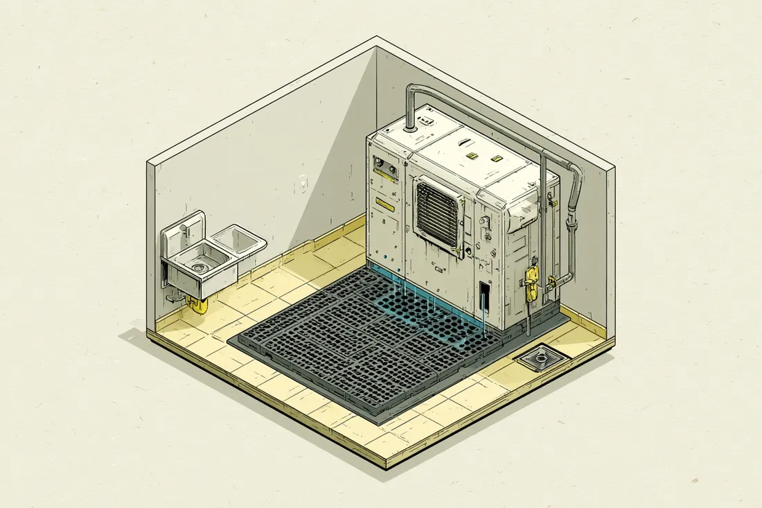 Stylized illustration of a black flow-through drainage anti-fatigue mat on a wet commercial floor