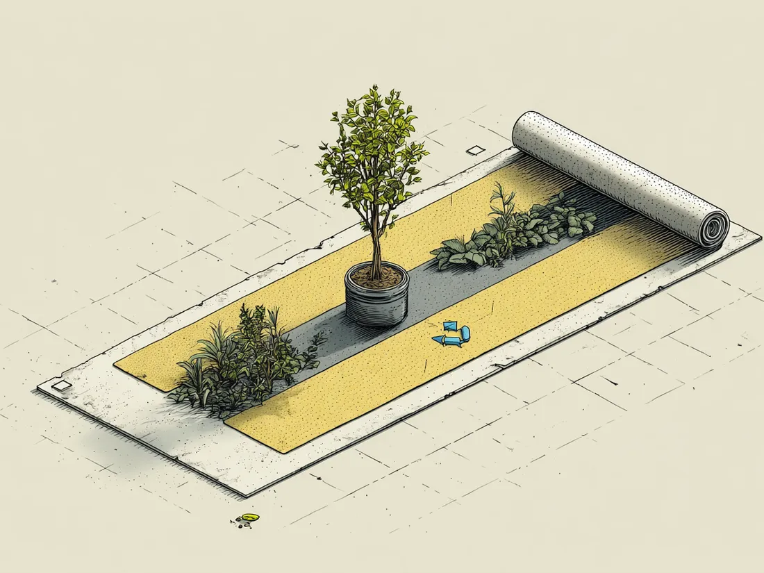 Stylized illustration of an eco-friendly recycled anti-fatigue mat marked with a recycling symbol