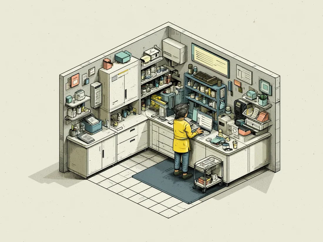 Stylized isometric illustration of a worker standing on a low-profile anti-fatigue mat at a pharmacy or healthcare counter lined with supply shelves