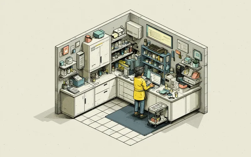 Stylized isometric illustration of a worker standing on a low-profile anti-fatigue mat at a pharmacy or healthcare counter lined with supply shelves