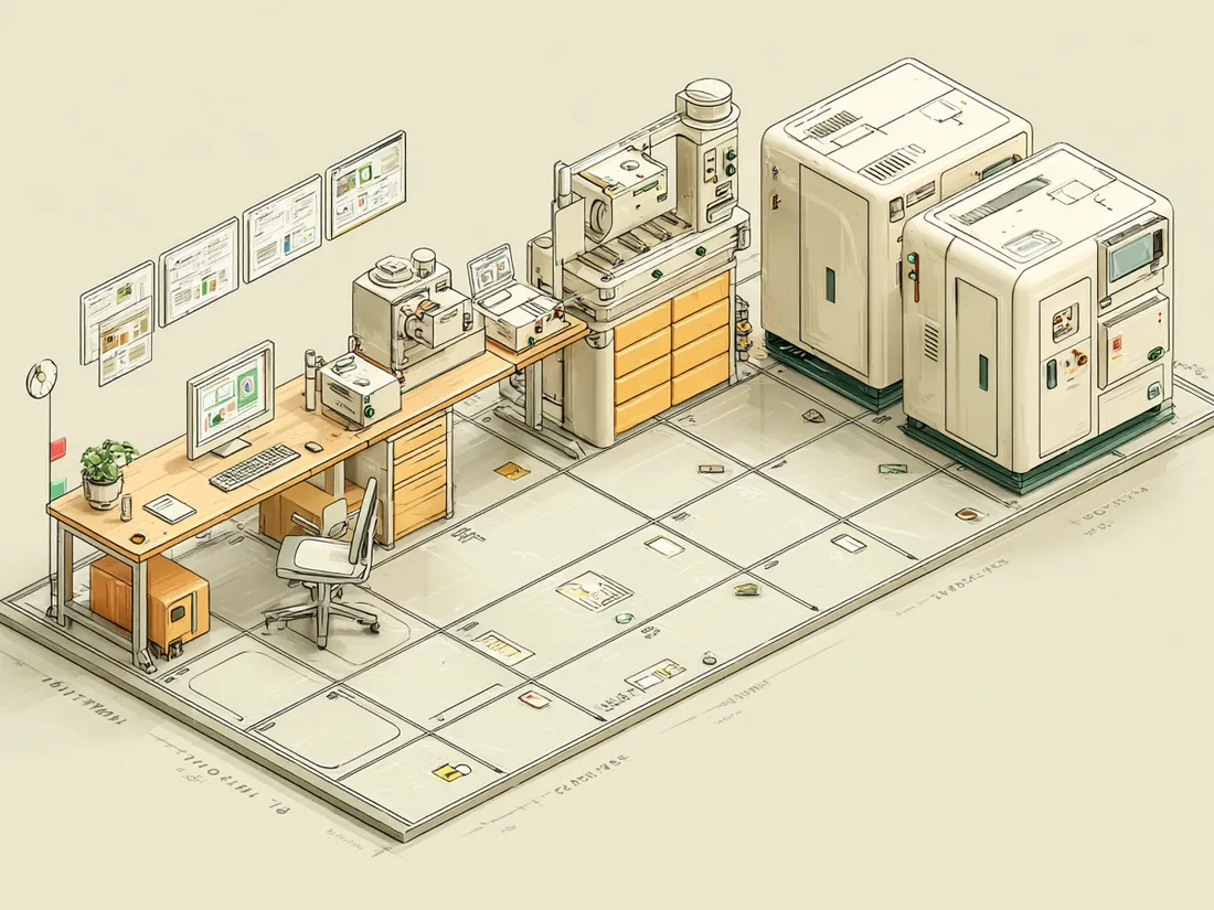 Stylized illustration of industrial anti-fatigue matting across a manufacturing workstation floor with machinery