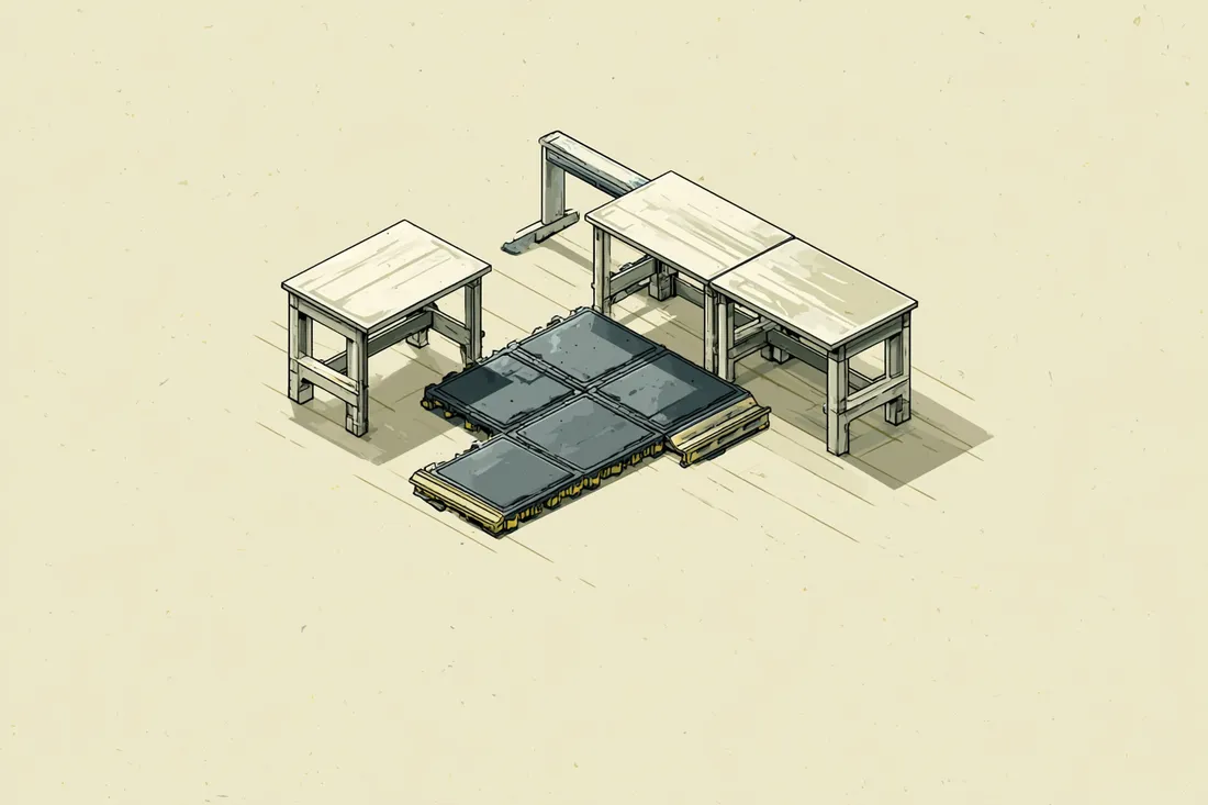 Stylized illustration of interlocking modular anti-fatigue tiles covering standing positions along a production line