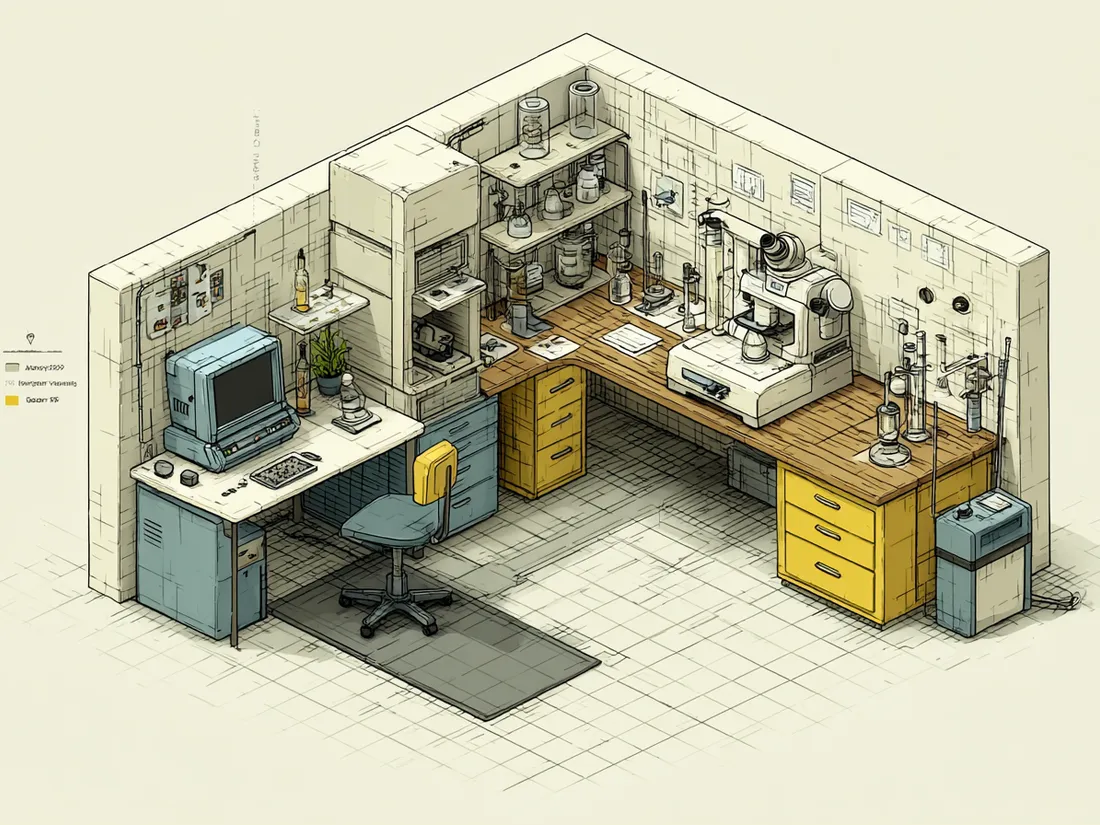Stylized illustration of a static-dissipative ESD anti-fatigue mat at a laboratory bench workstation