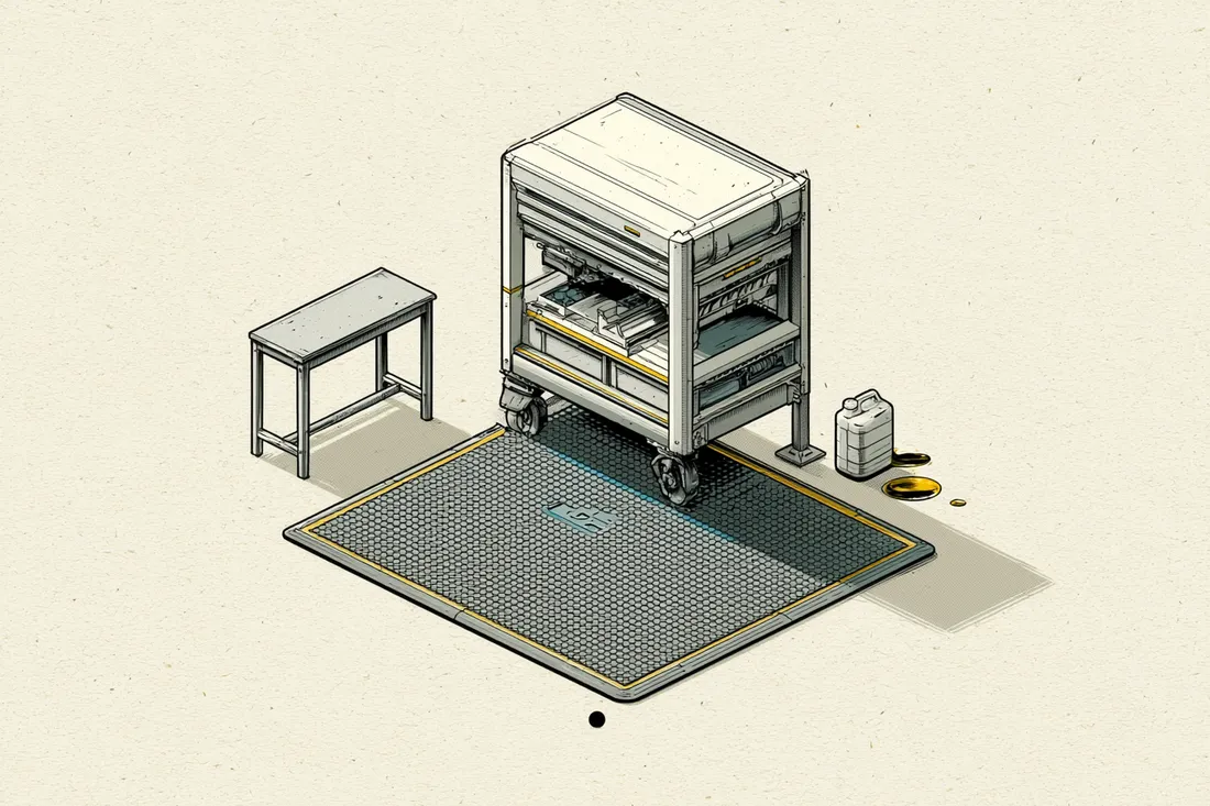 Stylized illustration of an oil-resistant nitrile rubber anti-fatigue mat with a beveled edge under an industrial machine, beside an oil container and spill