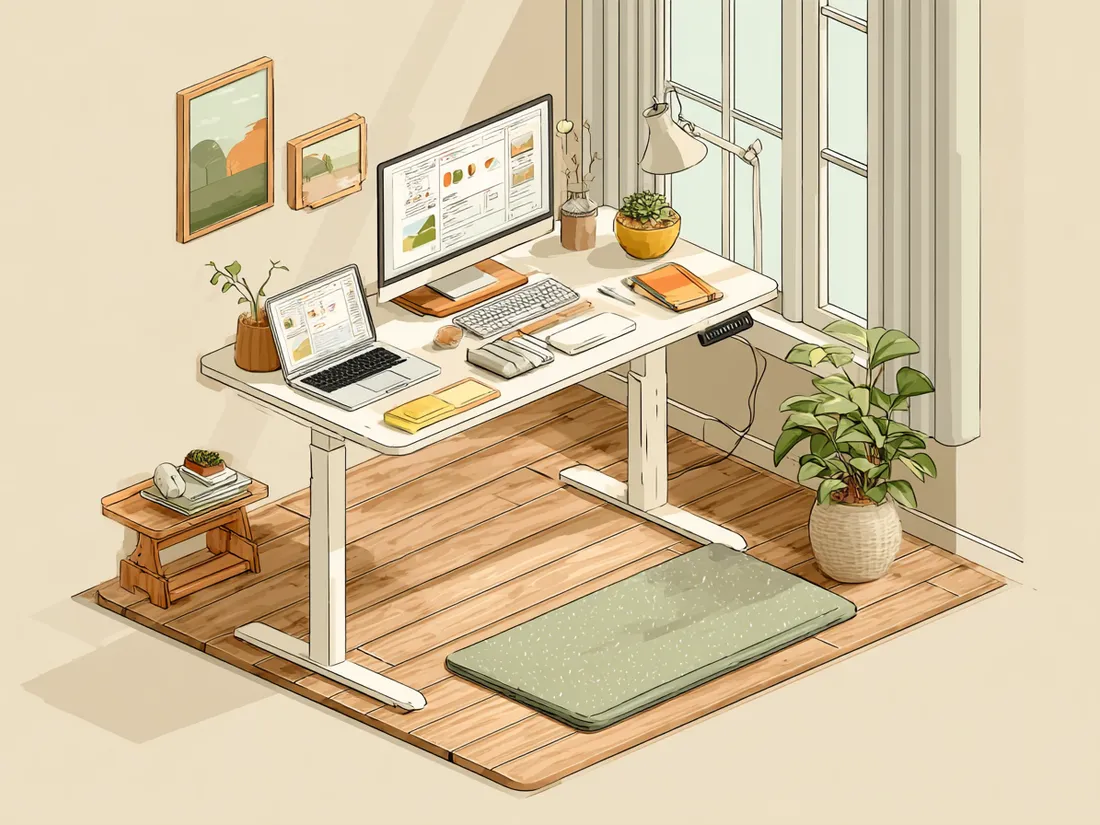 Stylized illustration of a standing desk mat on a North American home-office floor beneath a sit-stand desk