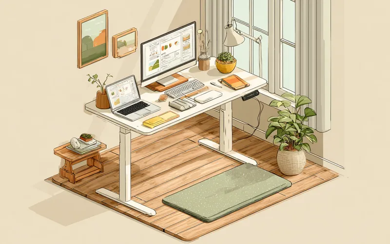 Stylized illustration of a standing desk mat on a North American home-office floor beneath a sit-stand desk