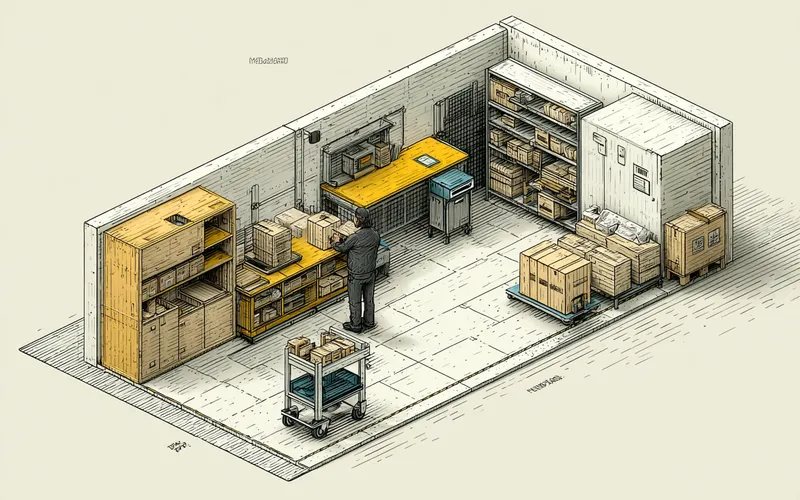 Stylized isometric illustration of a warehouse packing station, a worker at a bench with a cart, boxes and shelving on a concrete floor