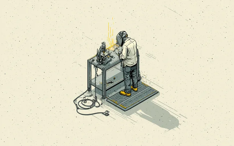 Stylized isometric illustration of a welder at a fabrication bench standing on a heavy-duty anti-fatigue mat, with sparks and a welding cable