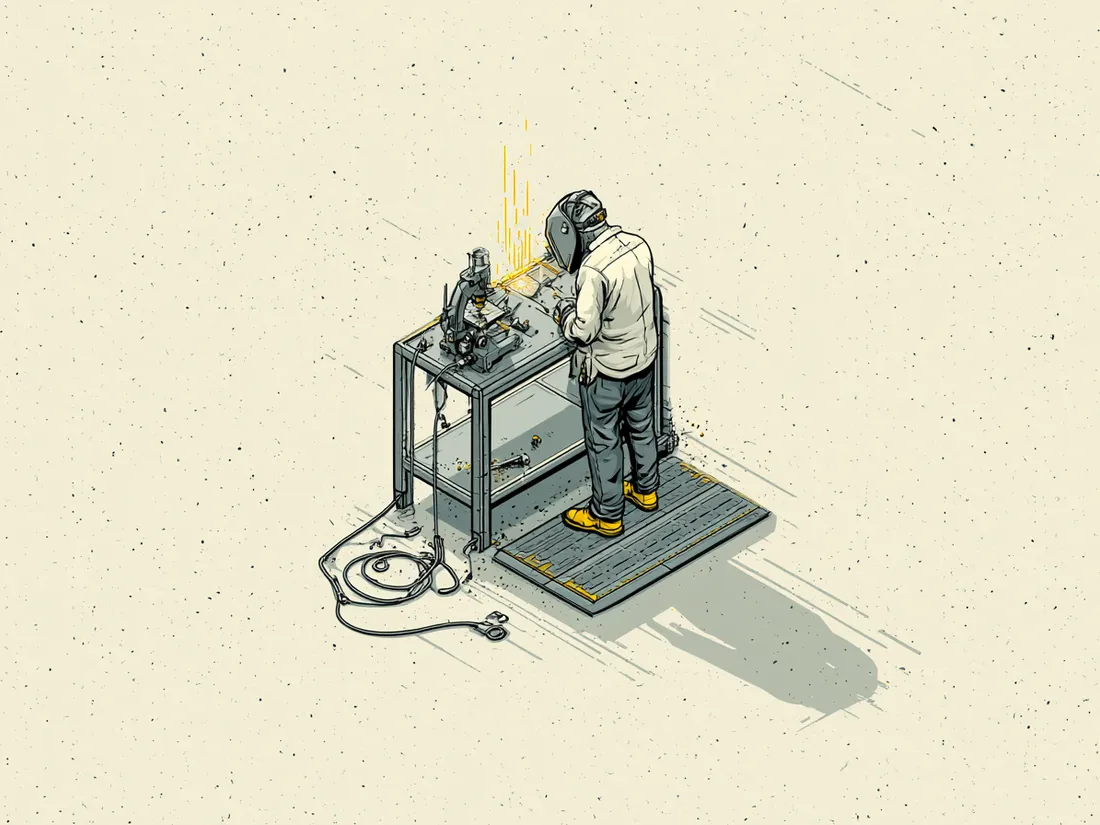 Stylized isometric illustration of a welder at a fabrication bench standing on a heavy-duty anti-fatigue mat, with sparks and a welding cable