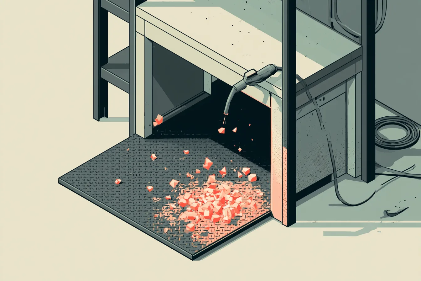 Heavy-duty rubber anti-fatigue matting at a welding workstation with sparks and metal swarf